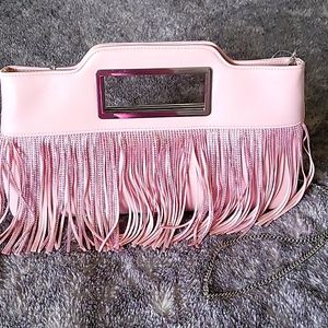 Pink clutch or shoulder purse with shiny pink beaded tassels
